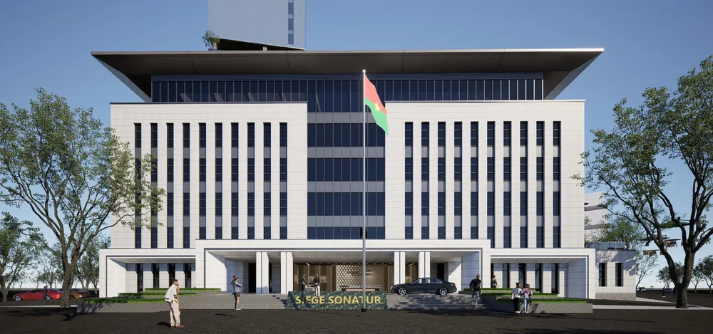 Office building exterior with ceremonial forecourt — architectural design and construction delivered from China