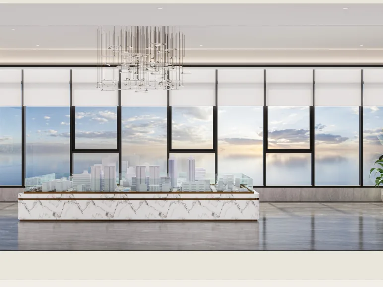 Fifth-floor lift lobby with skyline views and a scale model display