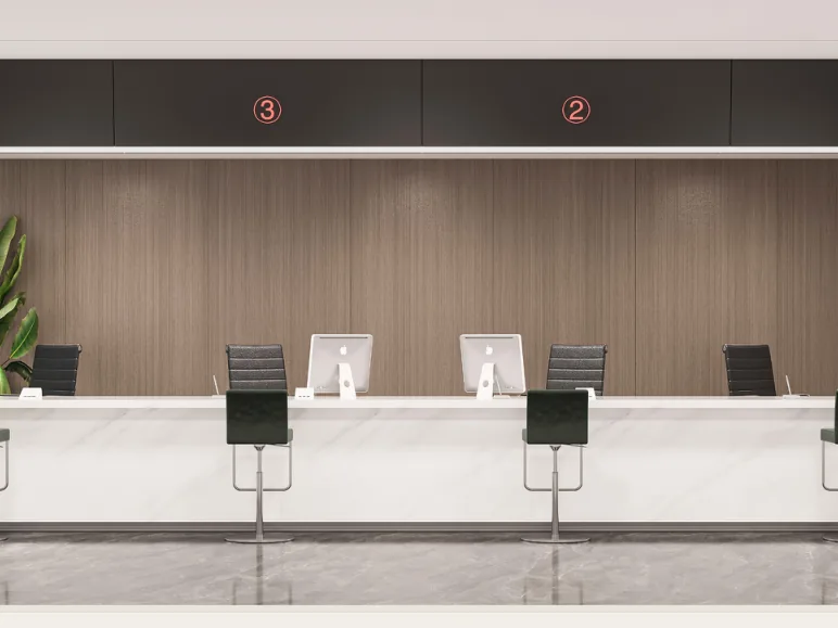 Client service counter with timber slat wall and numbered service positions