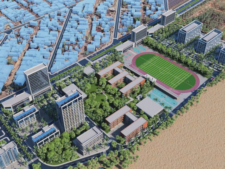 Aerial masterplan with residential blocks, an international school and a running track