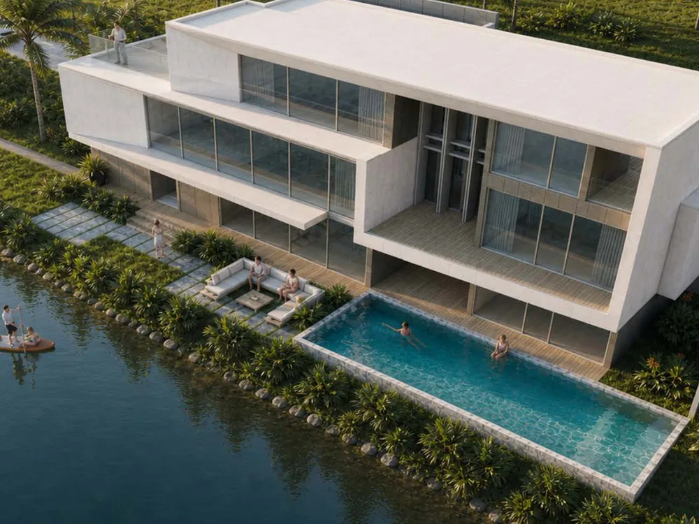 Modern lakeside villa with an infinity pool and planted embankment