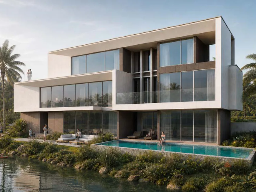 Lakeside villa with a pool and timber terrace at dusk