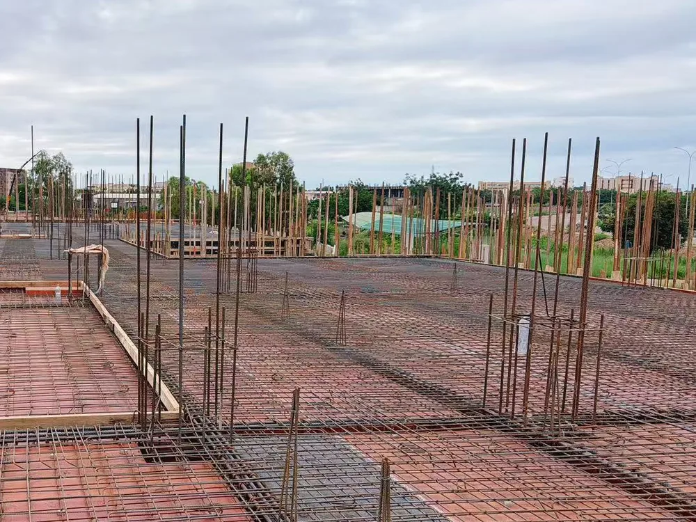 Ground-slab reinforcement works under way on site