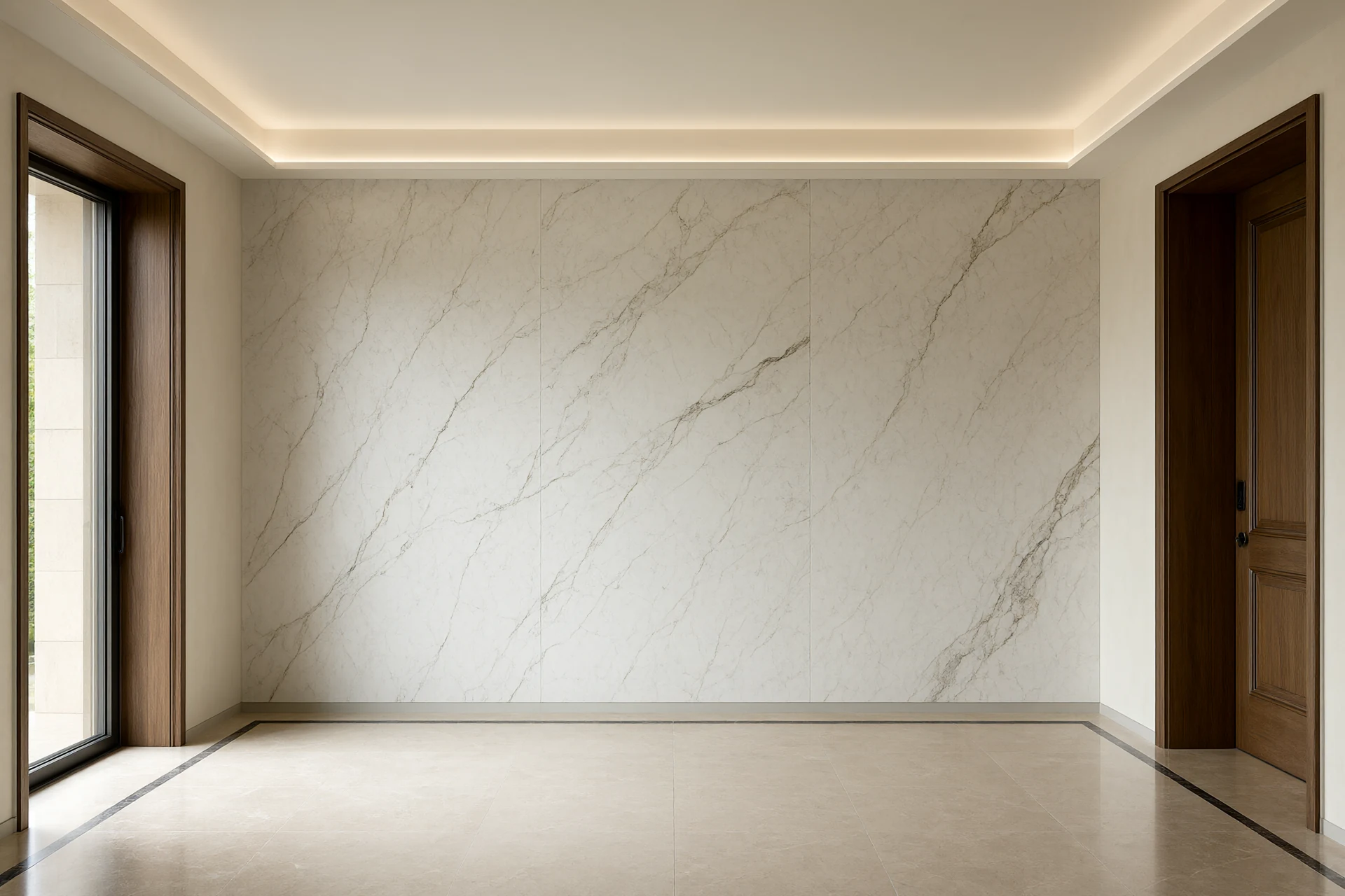 Wide interior frame showing marble wall meeting travertine floor with ceiling shadow gap and door reveal