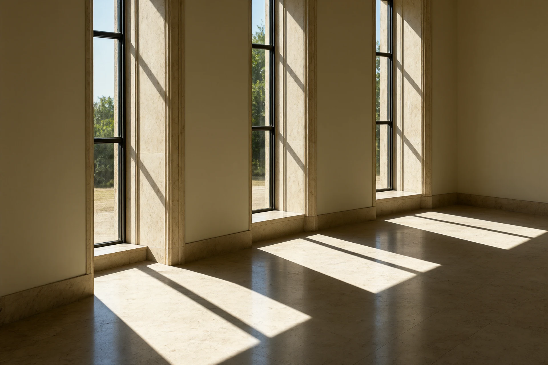 Afternoon sun raking across a travertine floor with long shadows in a luxury living room