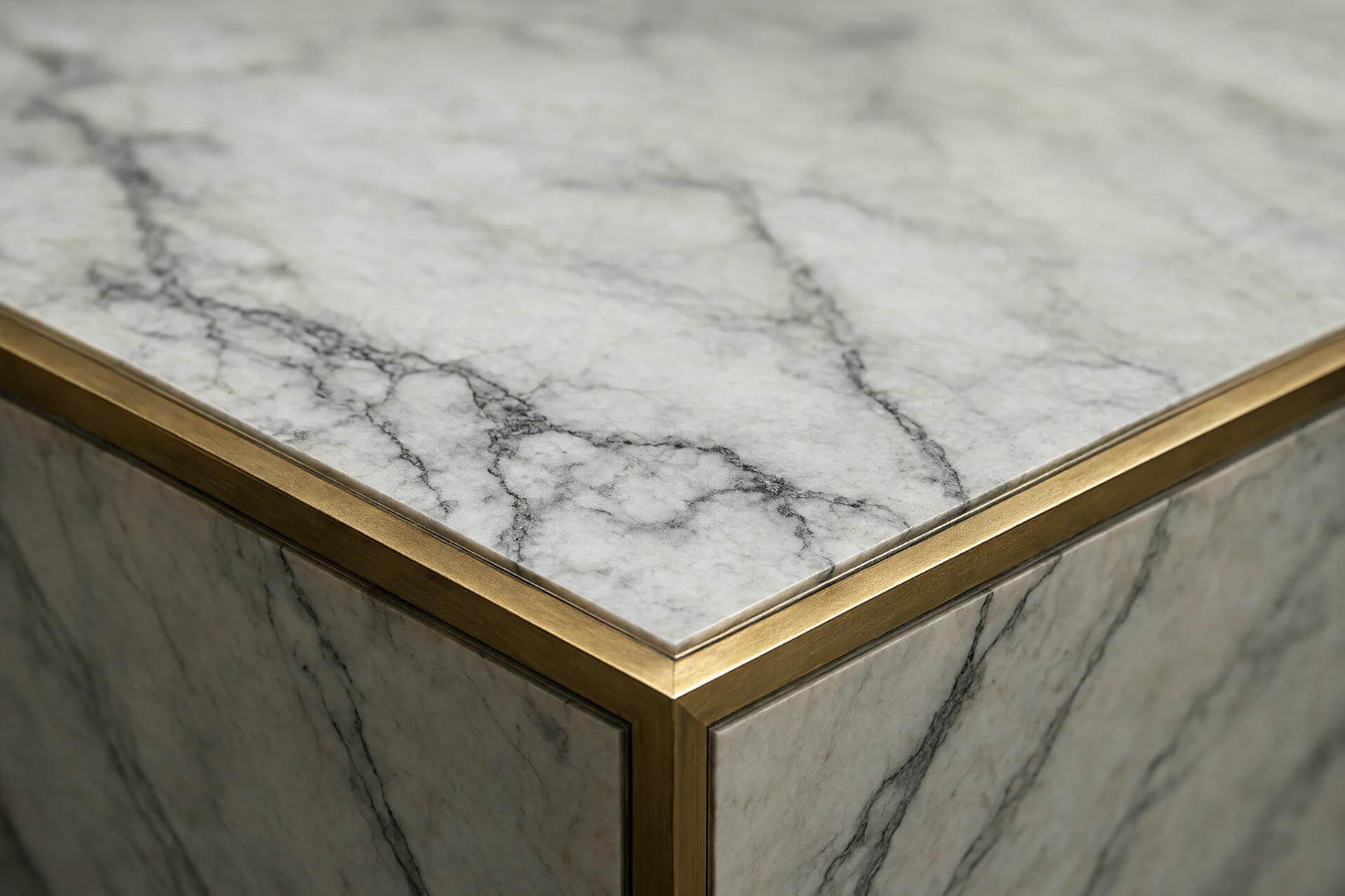 Macro detail of bookmatched marble veining meeting a brushed brass trim junction