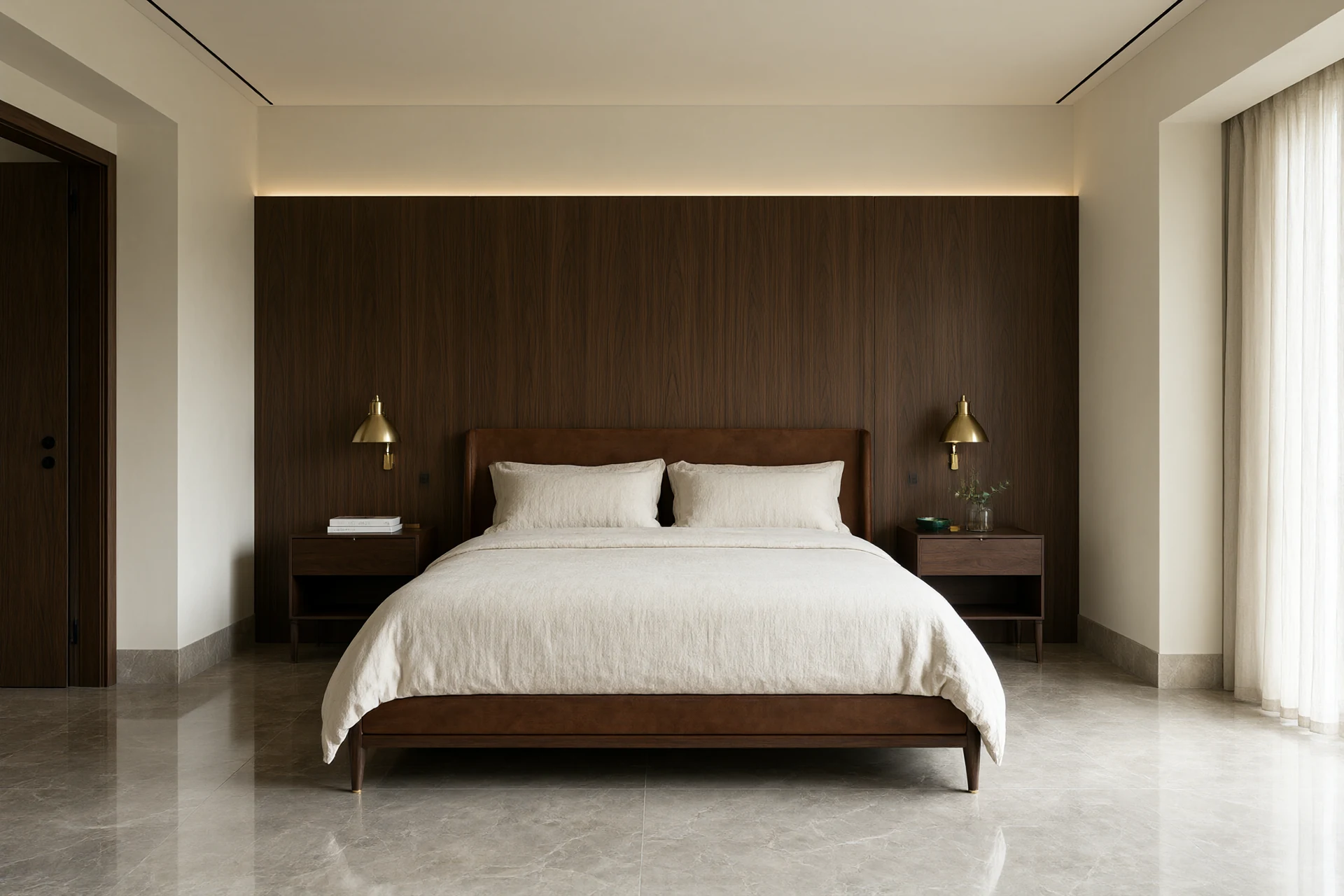 Bedroom finished to an approved render with walnut joinery, brass fitting and stone threshold