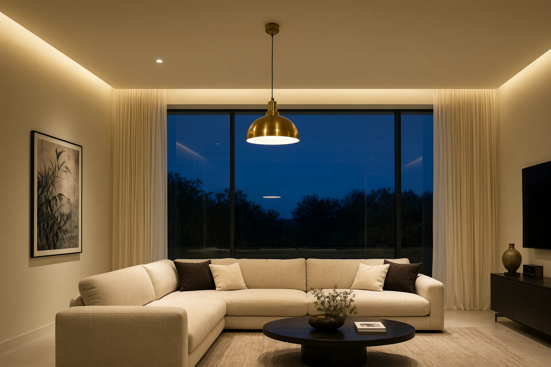 Same living room rendered at dusk with warm cove lighting and brass pendants as the evening scenario