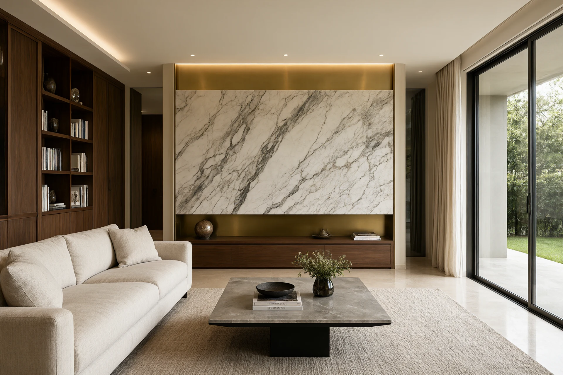 3D interior design rendering reference view of a villa living room with bookmatched marble wall, brass trim and walnut joinery