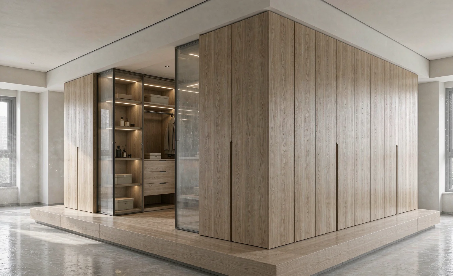 Custom cabinetry and wardrobe on a raised plinth in a humid interior
