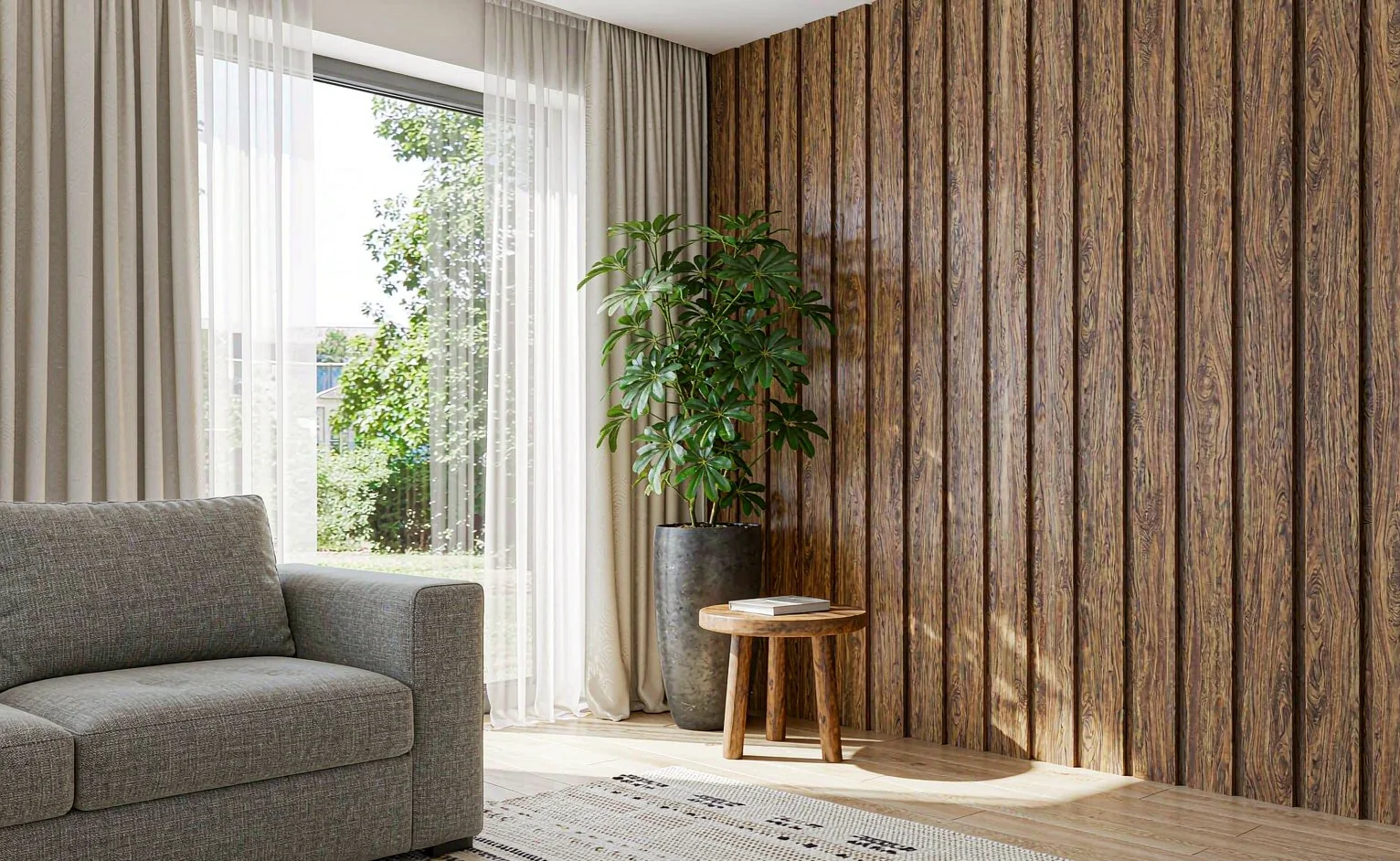WPC slat wall panels in a tropical living room