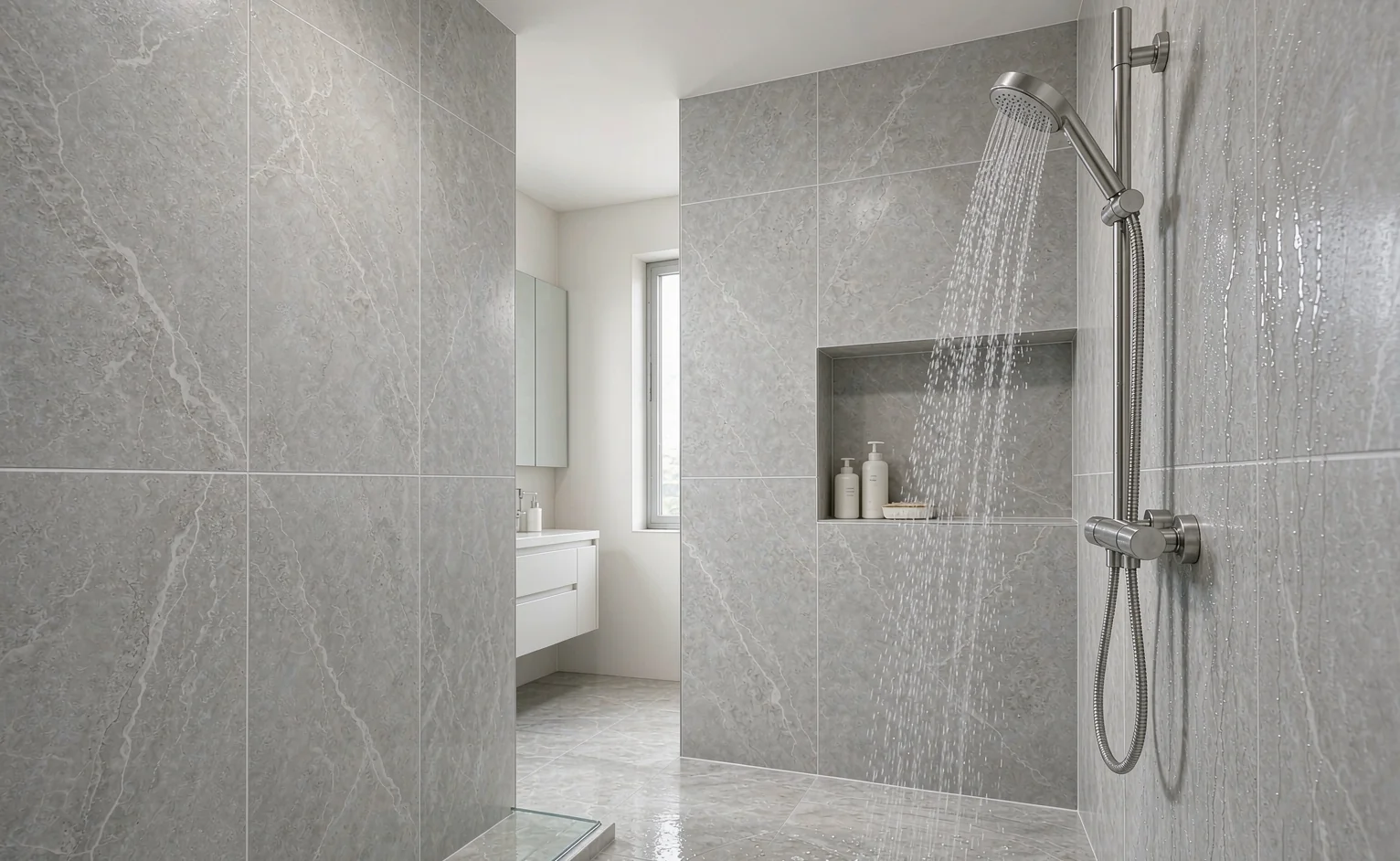 Waterproof wall panels in a hotel bathroom shower