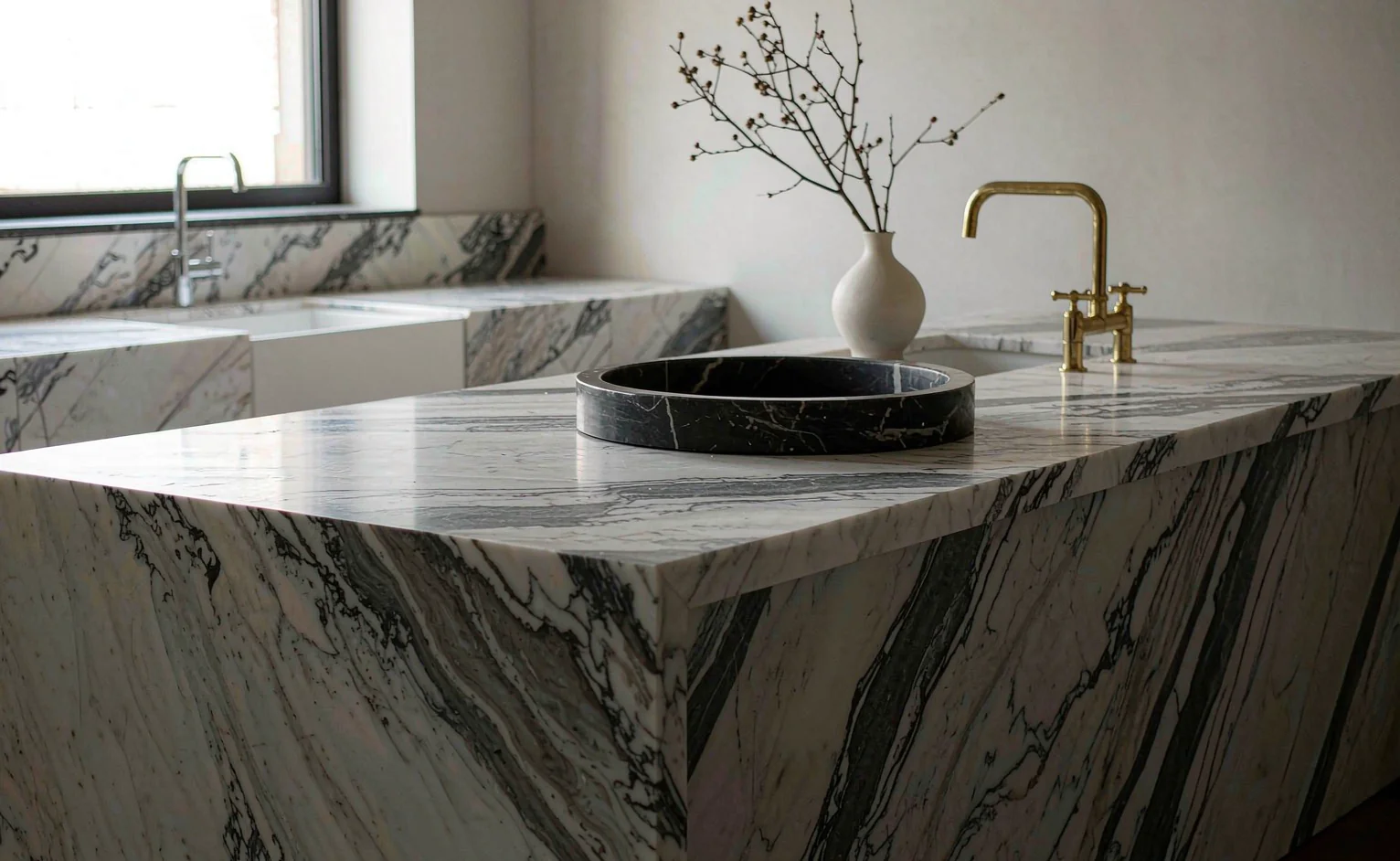 Veined marble kitchen worktop