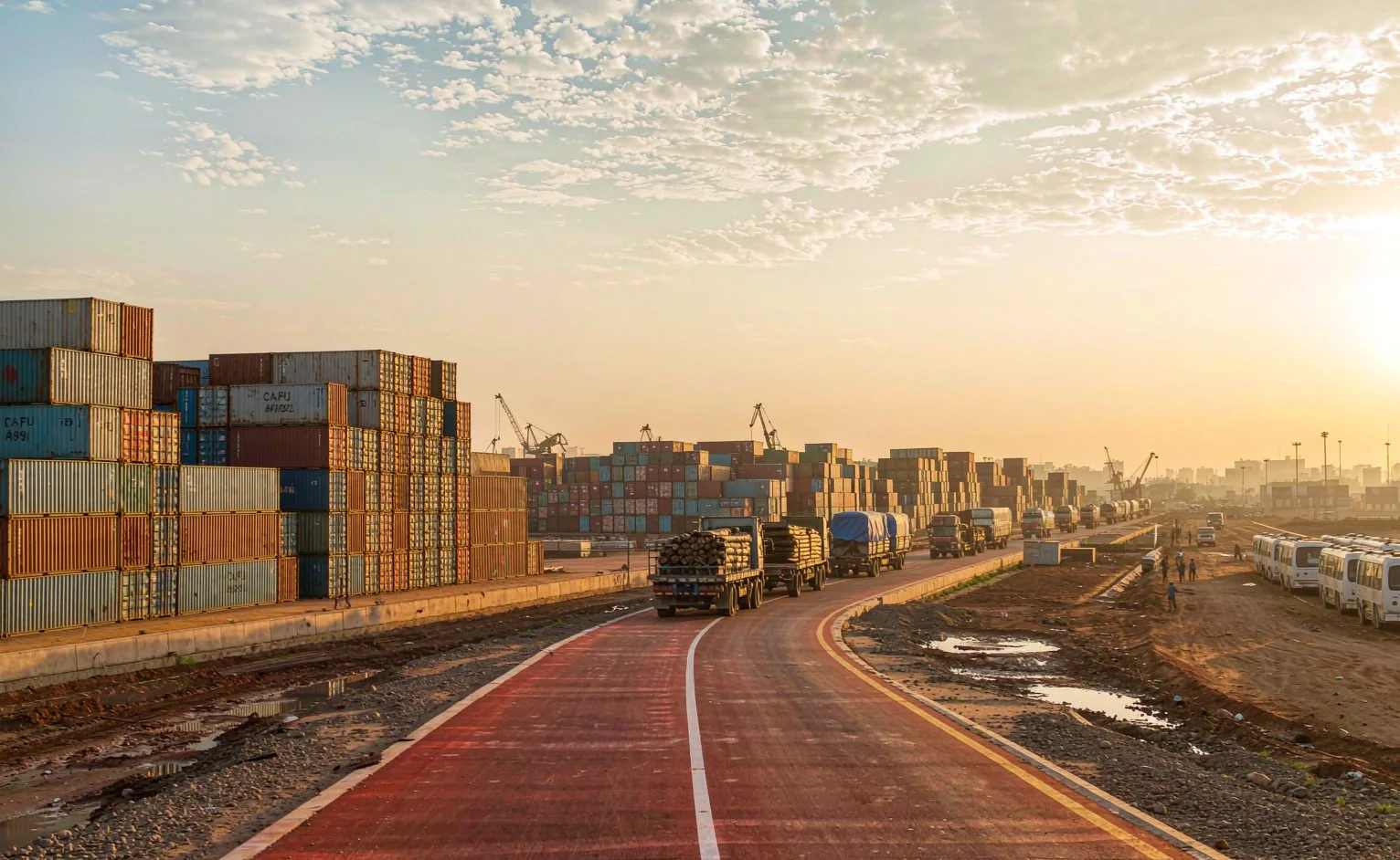 Container terminal and truck convoy on an inland logistics corridor in East Africa