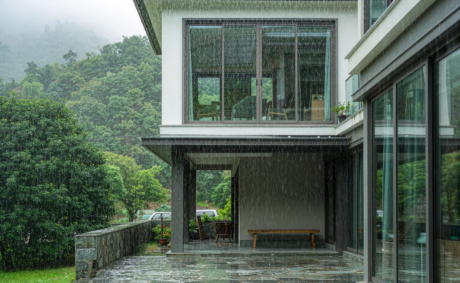 Heavy tropical rain on a modern villa facade with aluminium windows in the green highlands
