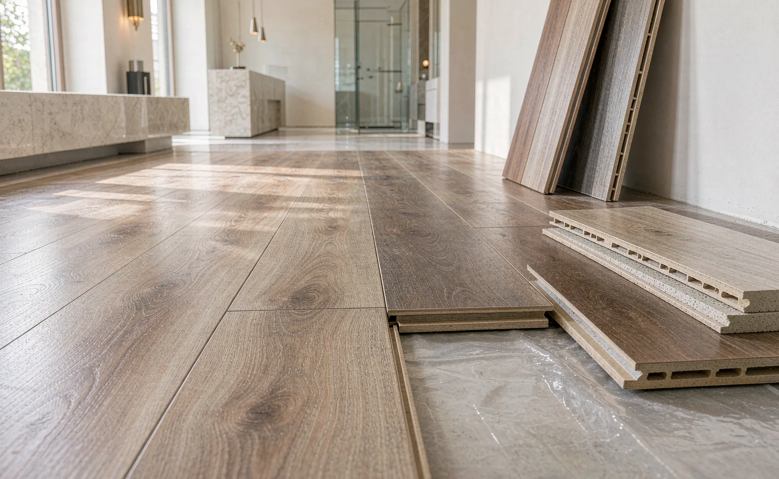 Waterproof SPC wood-look flooring planks being installed in a bright interior