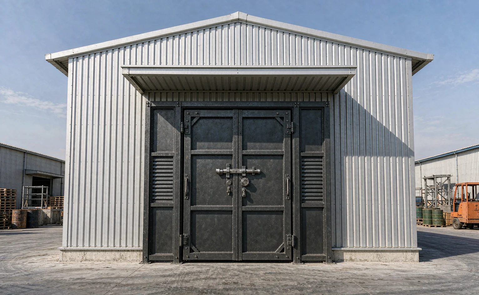 Galvanized steel security door with heavy-duty lock on a warehouse building