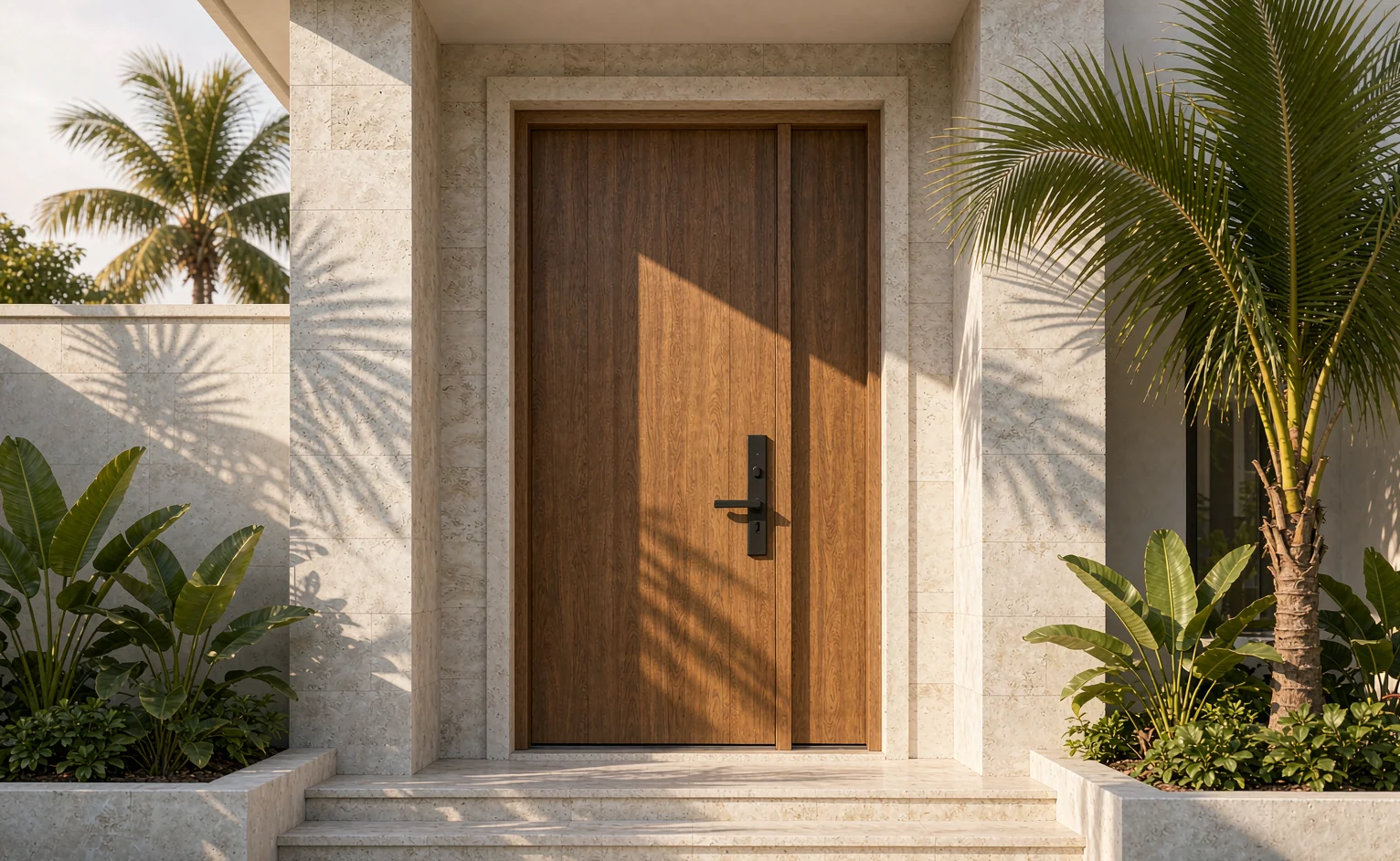 Wood-look WPC entrance door on a modern tropical villa - Doors for Hot & Humid Climates