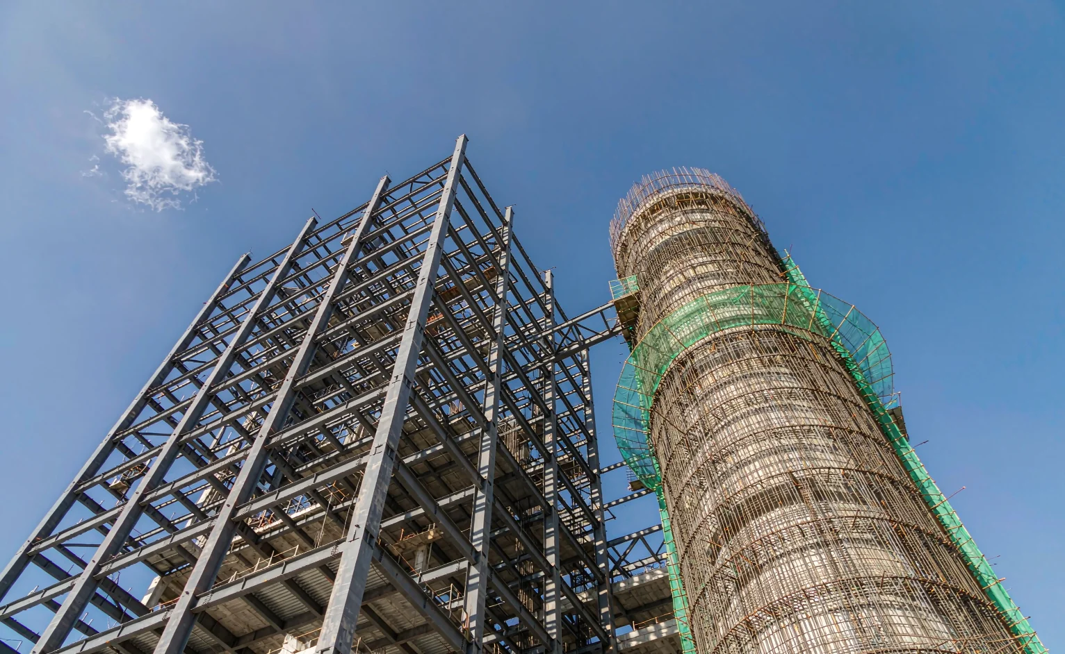 Steel frame and reinforced concrete core of a high-rise building under construction in Africa