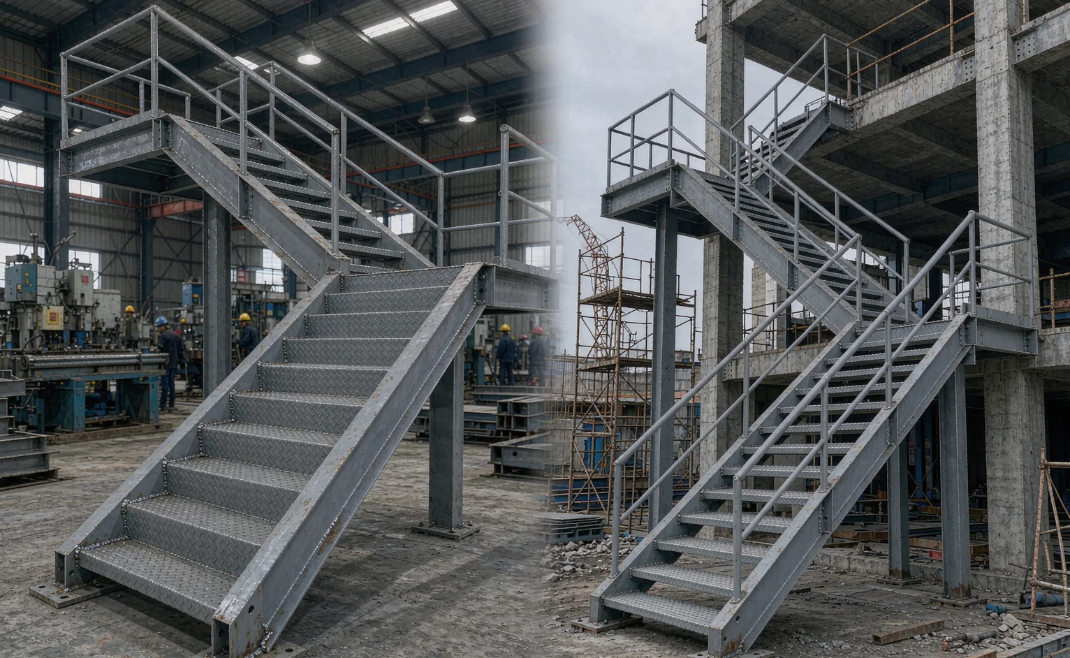 Welded steel stringer staircase fabricated in the workshop and bolted into a concrete frame on site
