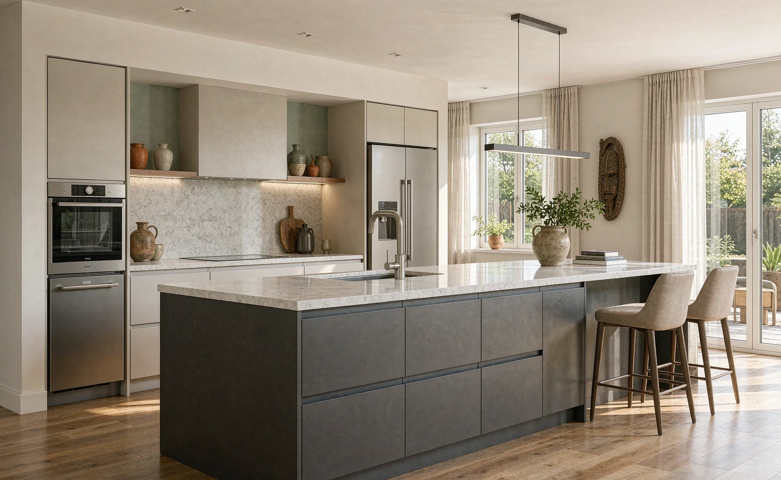Export-quality kitchen with moisture-resistant cabinetry and quartz worktop quoted for a Kenyan home fit-out