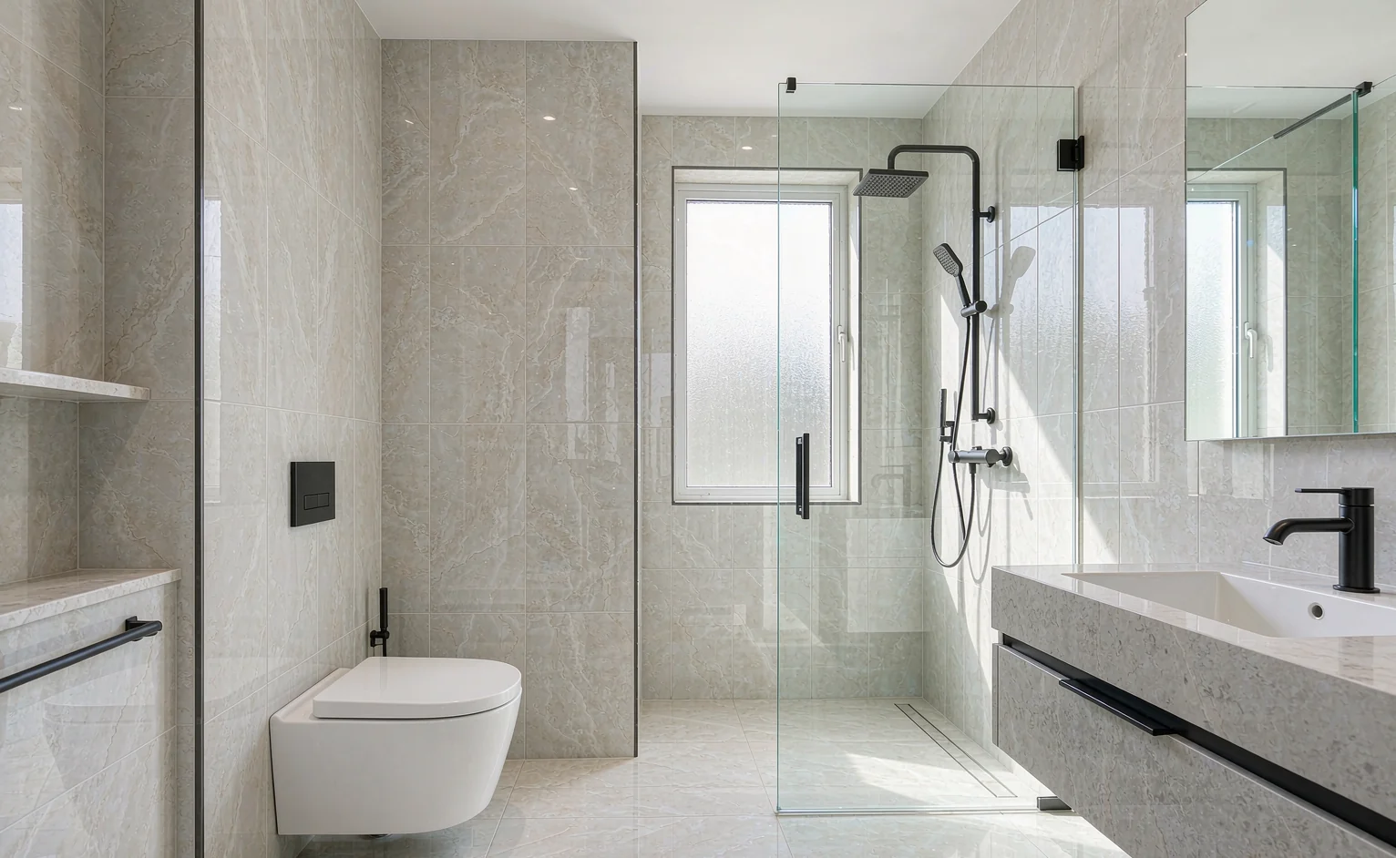 Large-format porcelain tiled bathroom with wall-hung sanitary ware quoted inside a Kenyan whole-home package