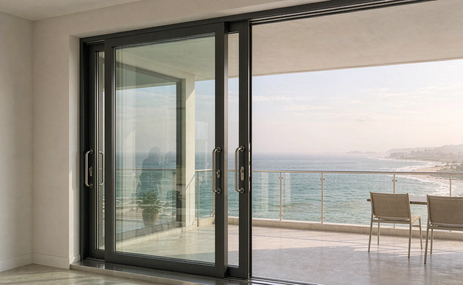 Powder-coated aluminium sliding doors with stainless hardware opening to a sea-view balcony on the Kenyan coast