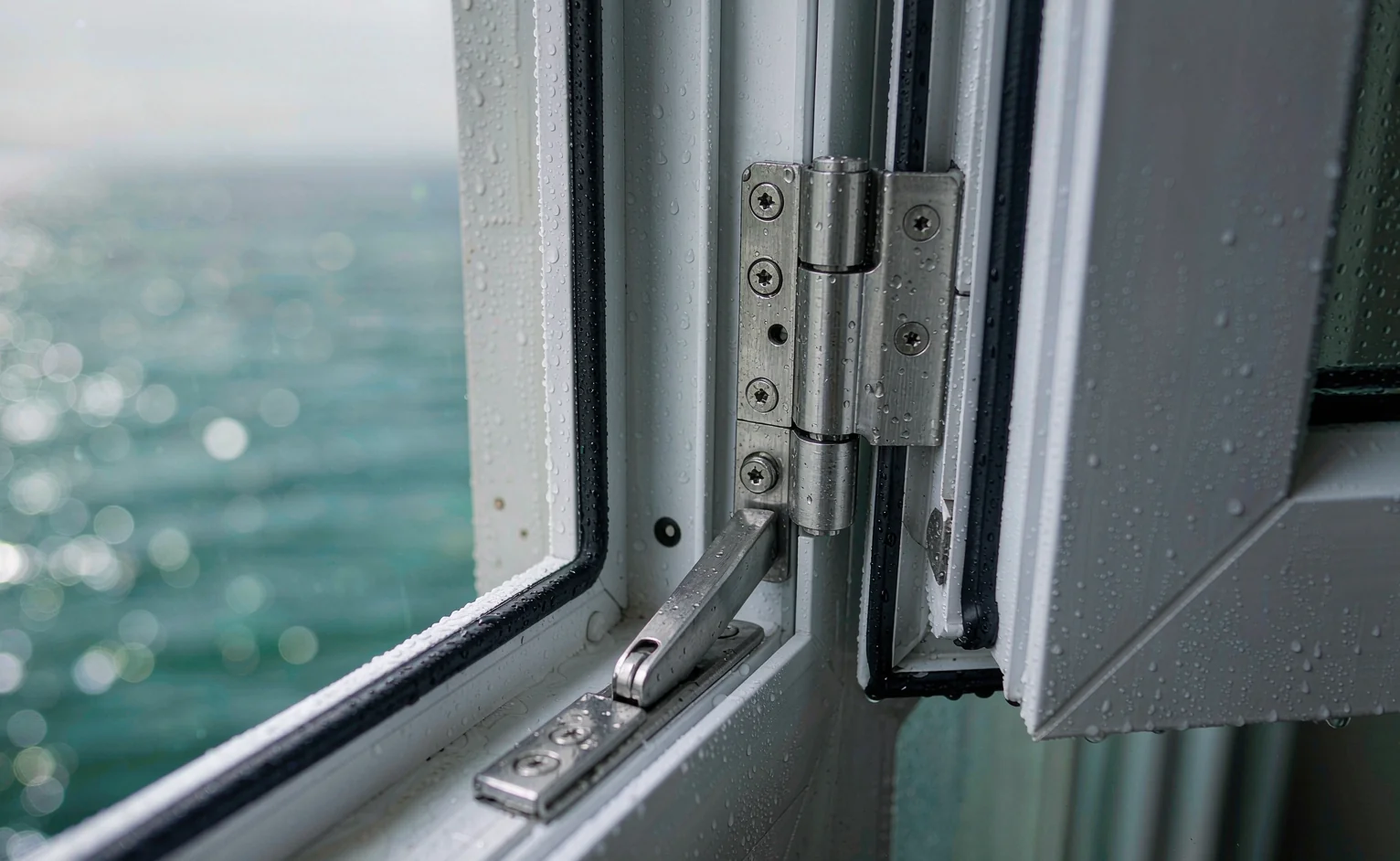 Close-up of a powder-coated aluminium window frame with 316 stainless steel hinge and stay hardware facing the sea