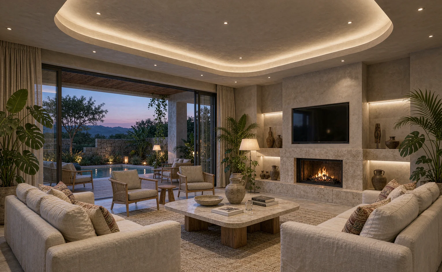 Modern villa living room at dusk lit by recessed LED downlights and a concealed ceiling cove in a hot climate interior