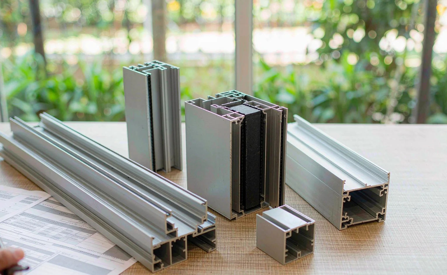 Aluminum window and door profile cross-section samples with a technical specification sheet on a desk