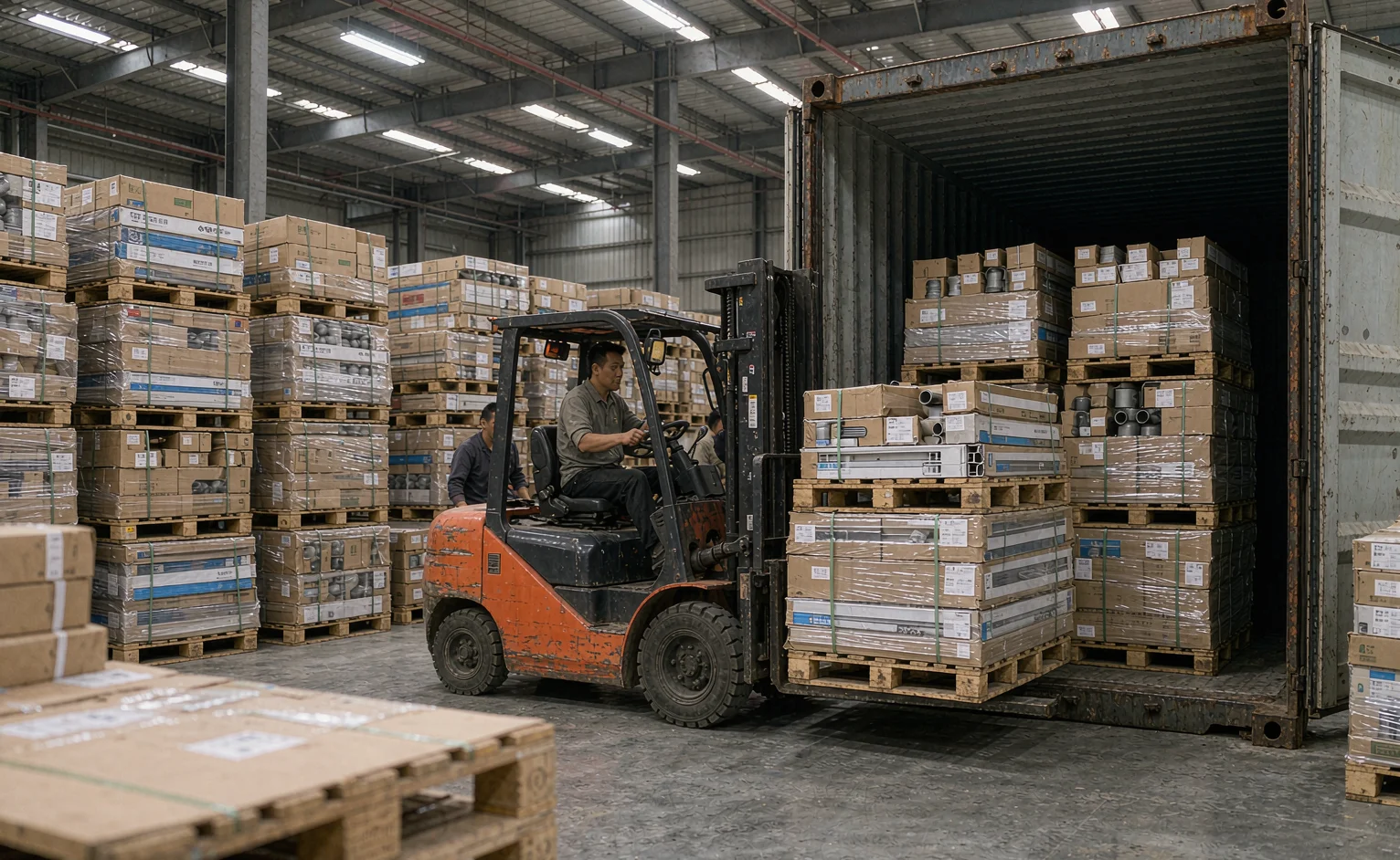 Warehouse loading of palletised building material cartons into a shipping container with a forklift