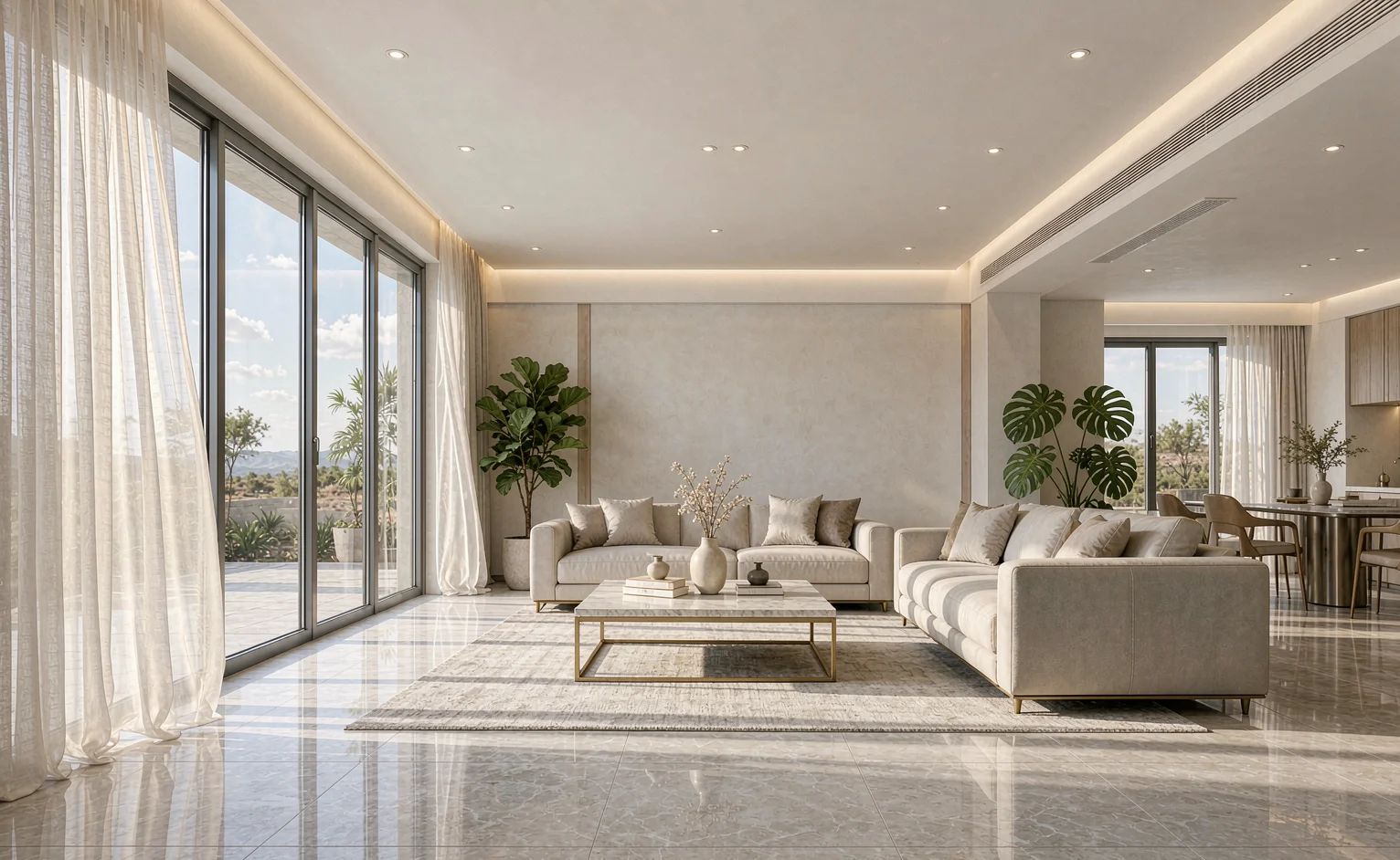 Finished living room of a whole-house package project with large format porcelain tiles, aluminium sliding door, gypsum ceiling and full furniture layer