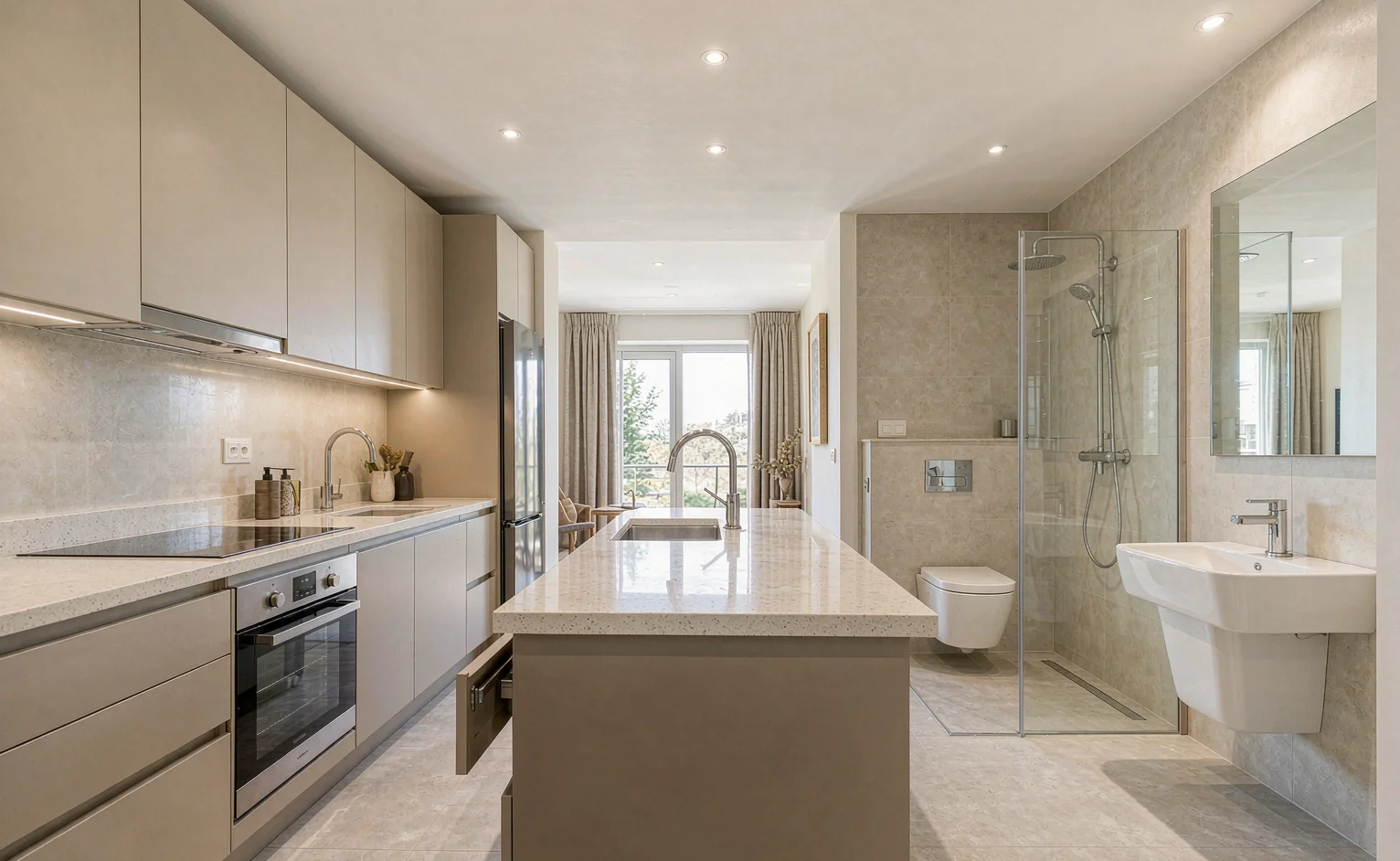 Newly fitted kitchen and bathroom delivered as part of a whole-house material package, with laminate cabinets, quartz worktop, wall hung WC and glass shower screen