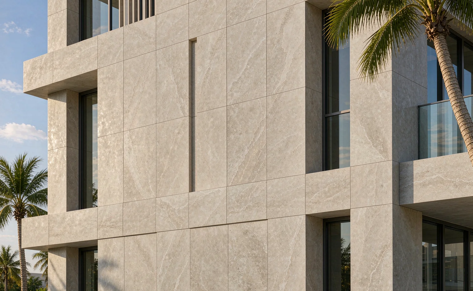 Ventilated building facade clad in 6 mm sintered stone panels beside aluminium windows in a hot-climate city