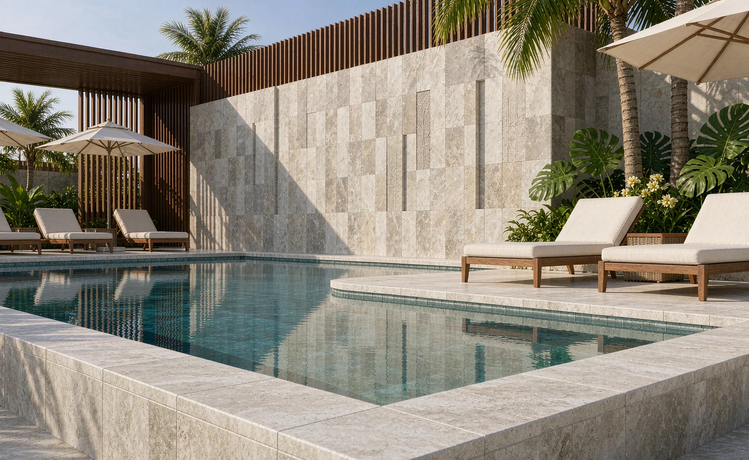 Resort pool with 20 mm sintered stone coping and stone-clad walls under tropical sun