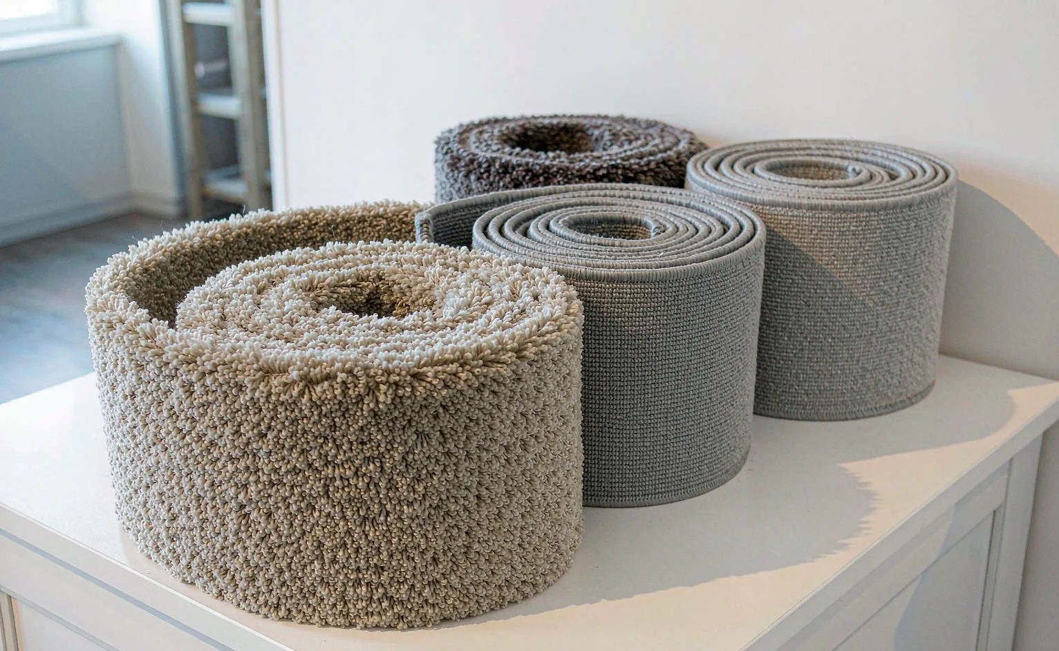 Four rolled carpet samples in beige, grey and charcoal on a white table in a bright showroom showing fibre texture and pile detail