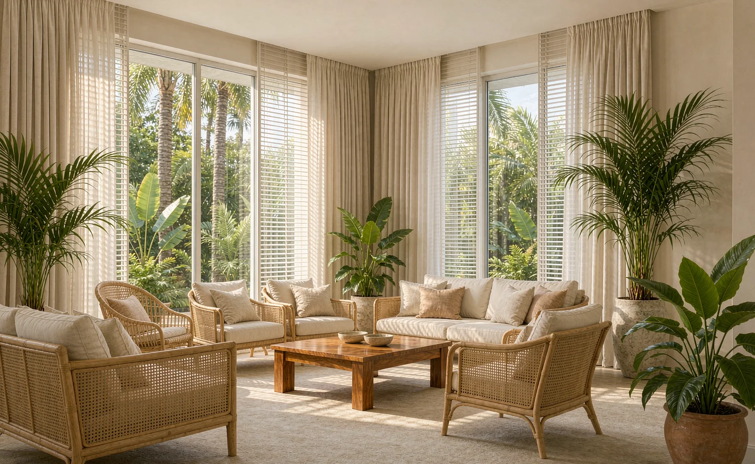 Tropical villa living room with cream blackout curtains, aluminium venetian blinds and a large-format wall-to-wall carpet under strong equatorial daylight