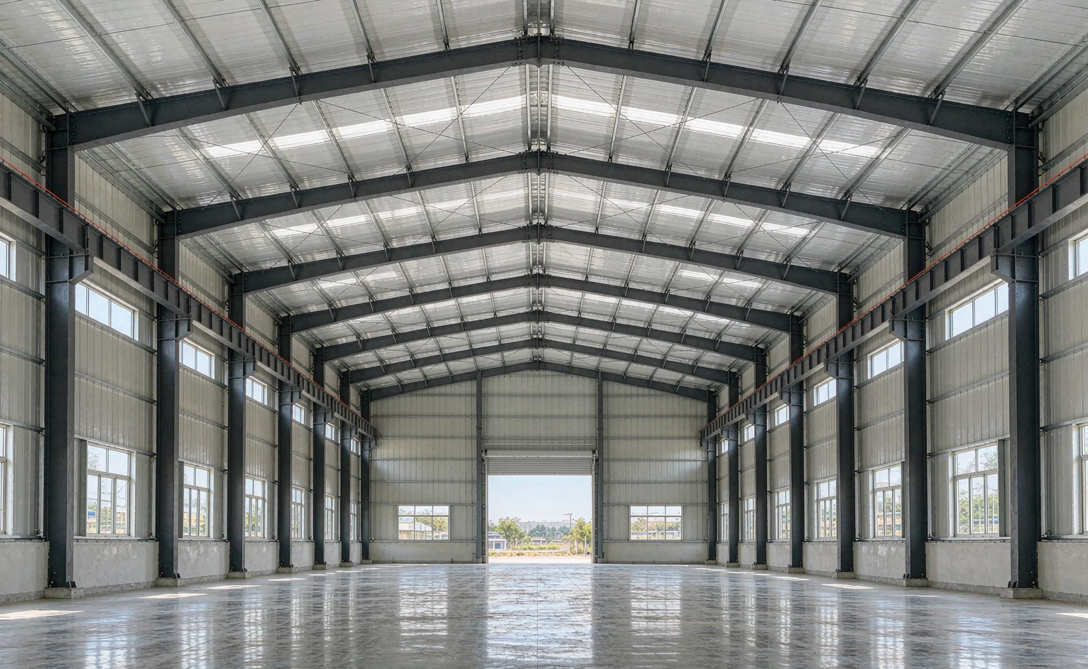 Interior of a completed clear-span steel warehouse with portal frames sandwich panel roof and polished concrete floor
