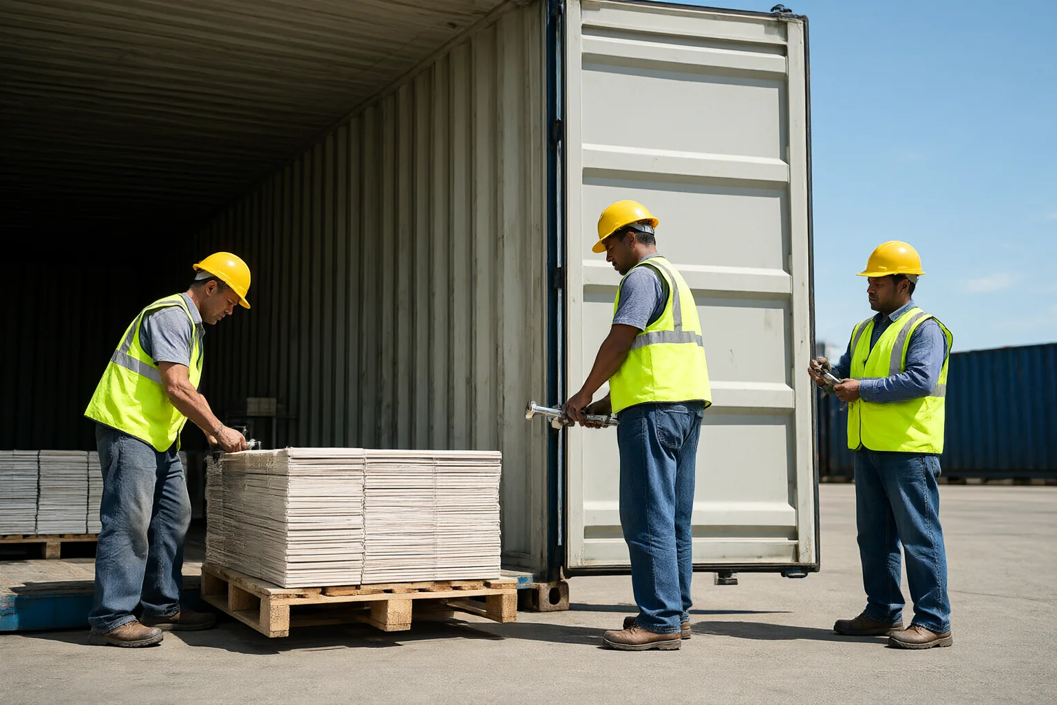 Warehouse crew loading pallets of panels and cartons of hardware into a 40-foot container for an East African building order