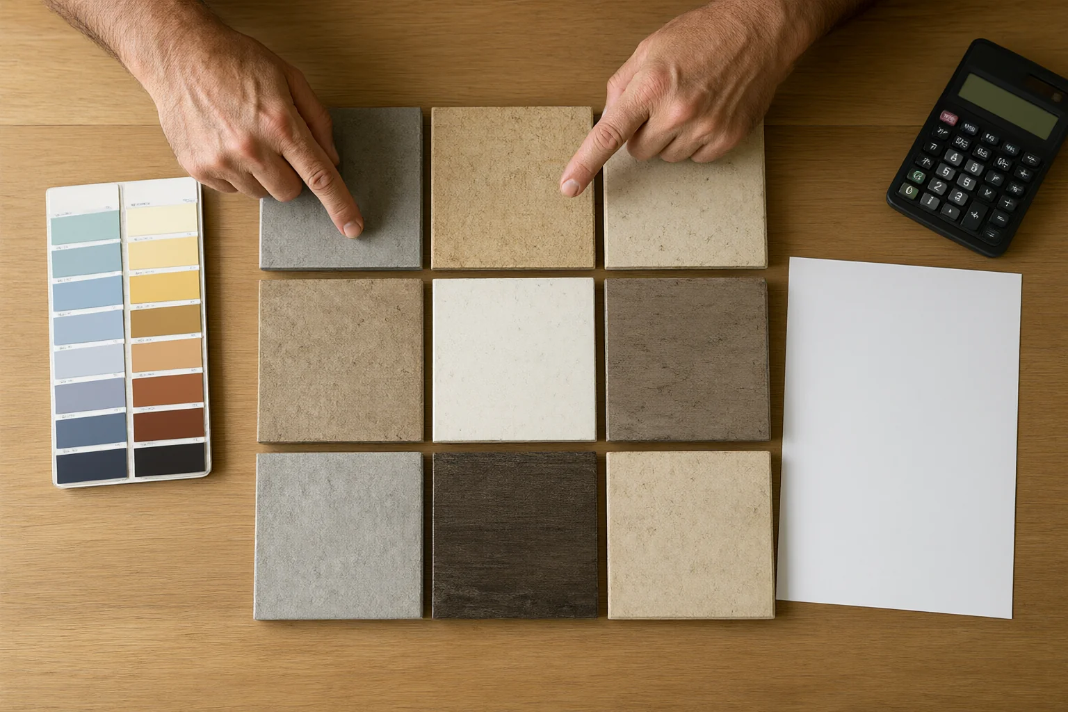 Buyer and supplier comparing ceramic tile samples and colour swatches on a desk beside a calculator before confirming a quotation