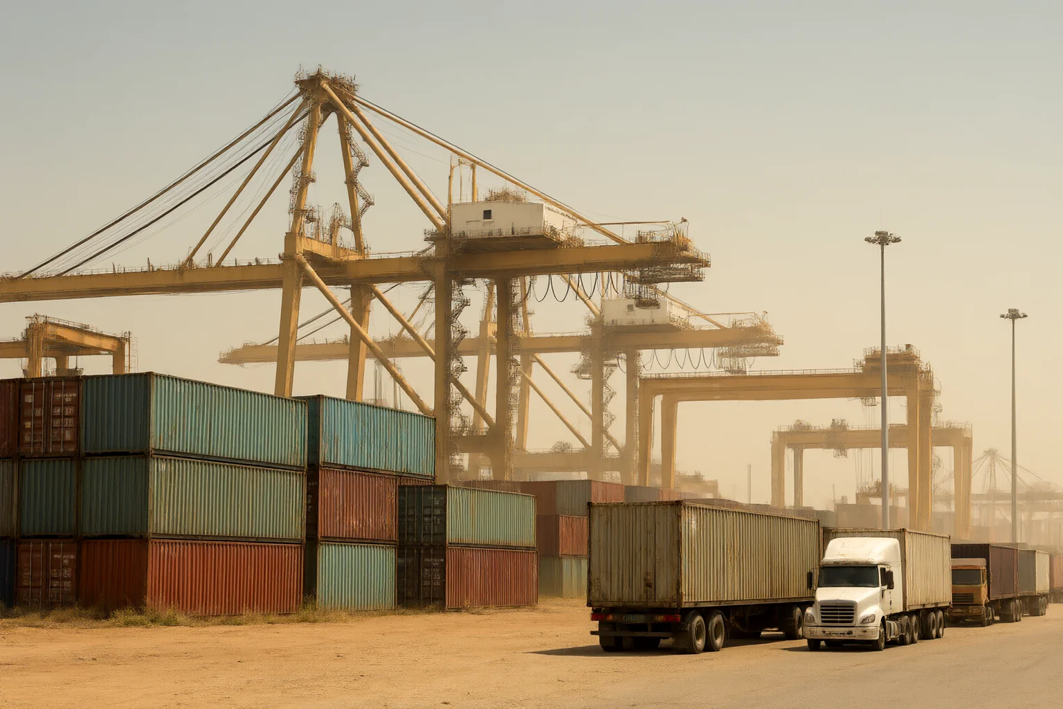 Container terminal with gantry cranes and trucks under dusty haze at an East African gateway port