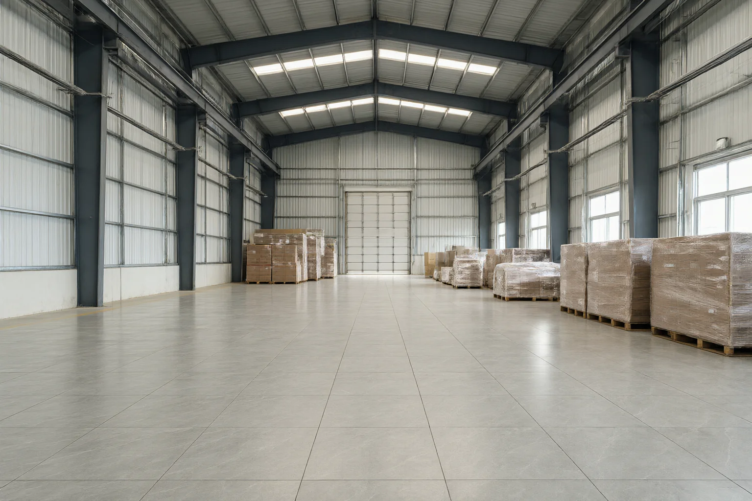 Completed warehouse interior with tiled floor and goods on pallets after a quoted East African material order was delivered