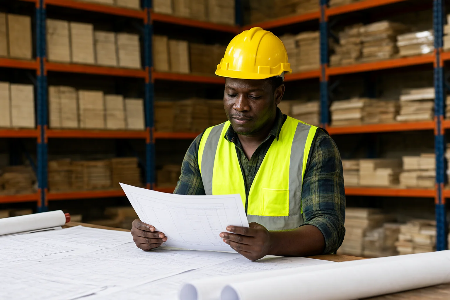 Site engineer in a warehouse reviewing drawings and a bill of quantities before a material order is confirmed