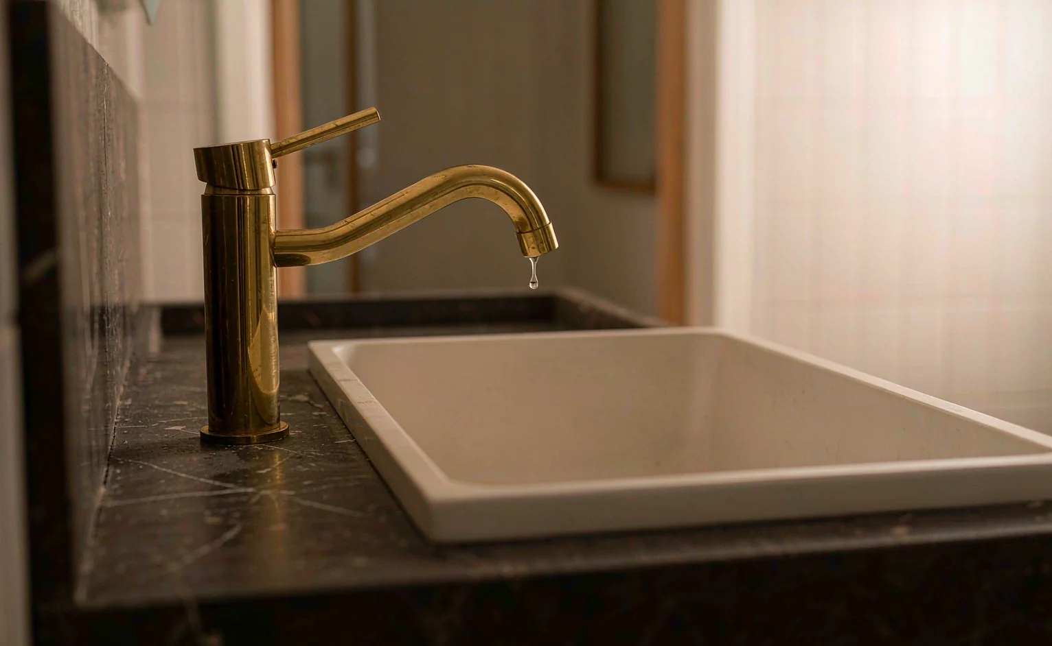 Brushed brass basin mixer tap over a stone vanity countertop