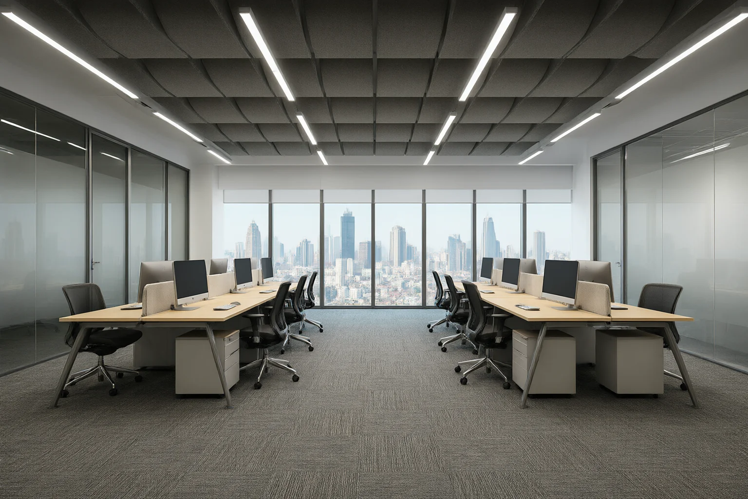 Open plan office interior with acoustic ceiling baffles, linear LED lighting, grey carpet tile and glass meeting room partitions
