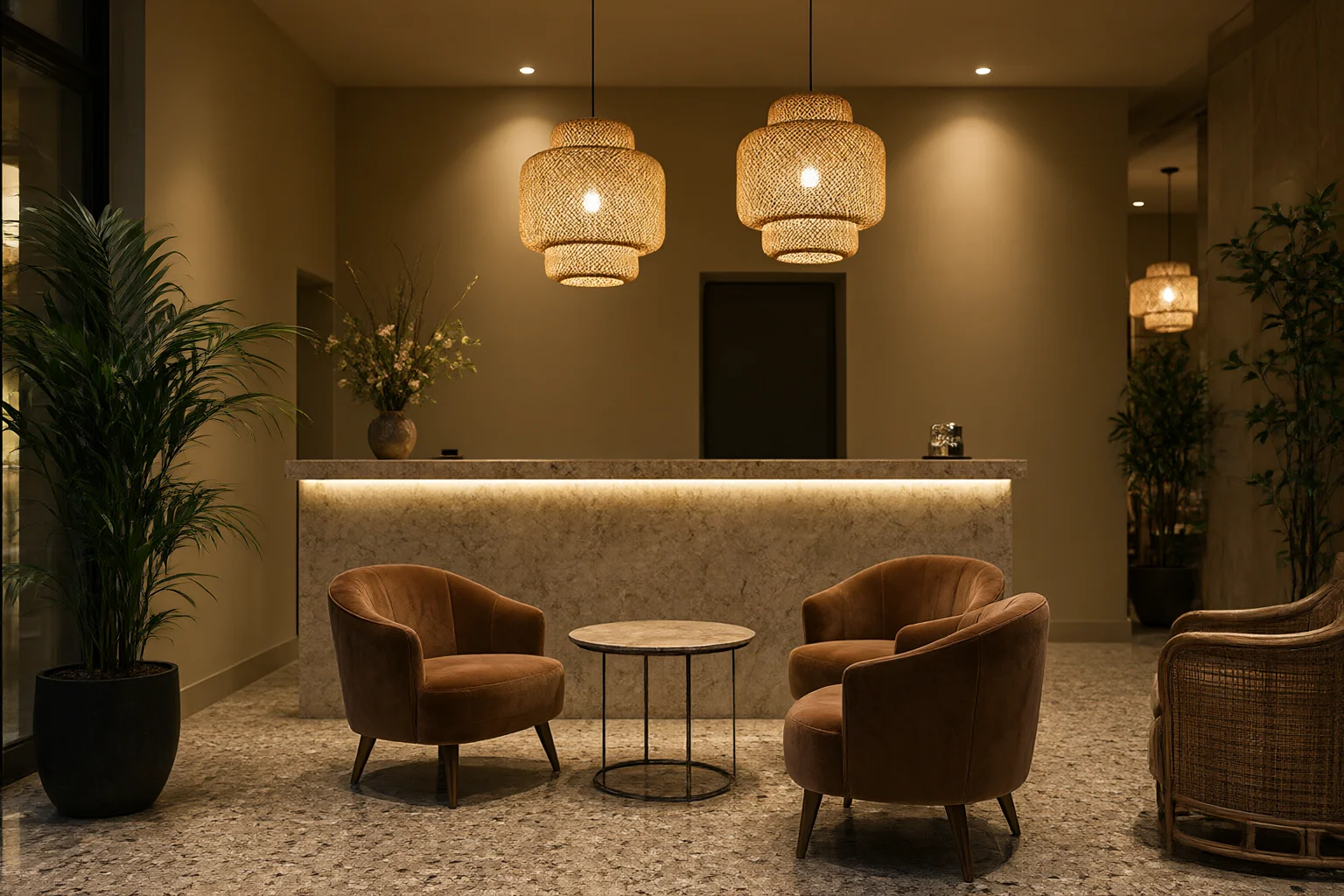 Boutique hotel lobby with rattan pendant lights, stone reception counter, velvet armchairs and terrazzo floor