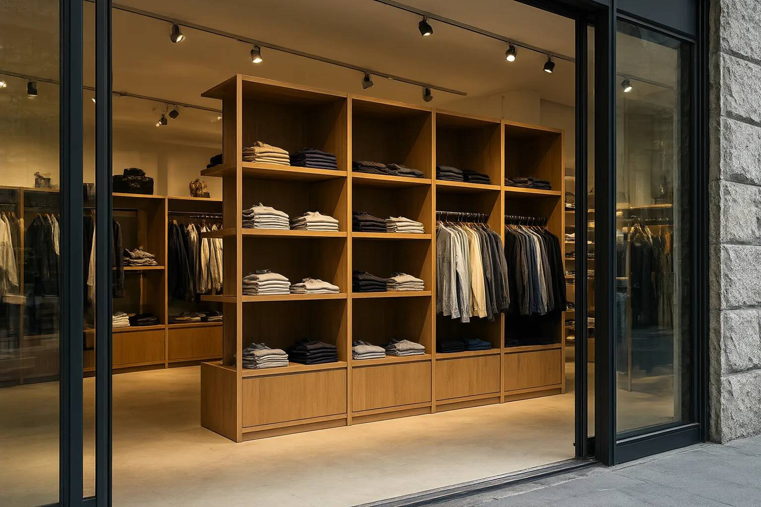 Retail store interior with oak display shelving, track spotlights at 3000K and a large shopfront window
