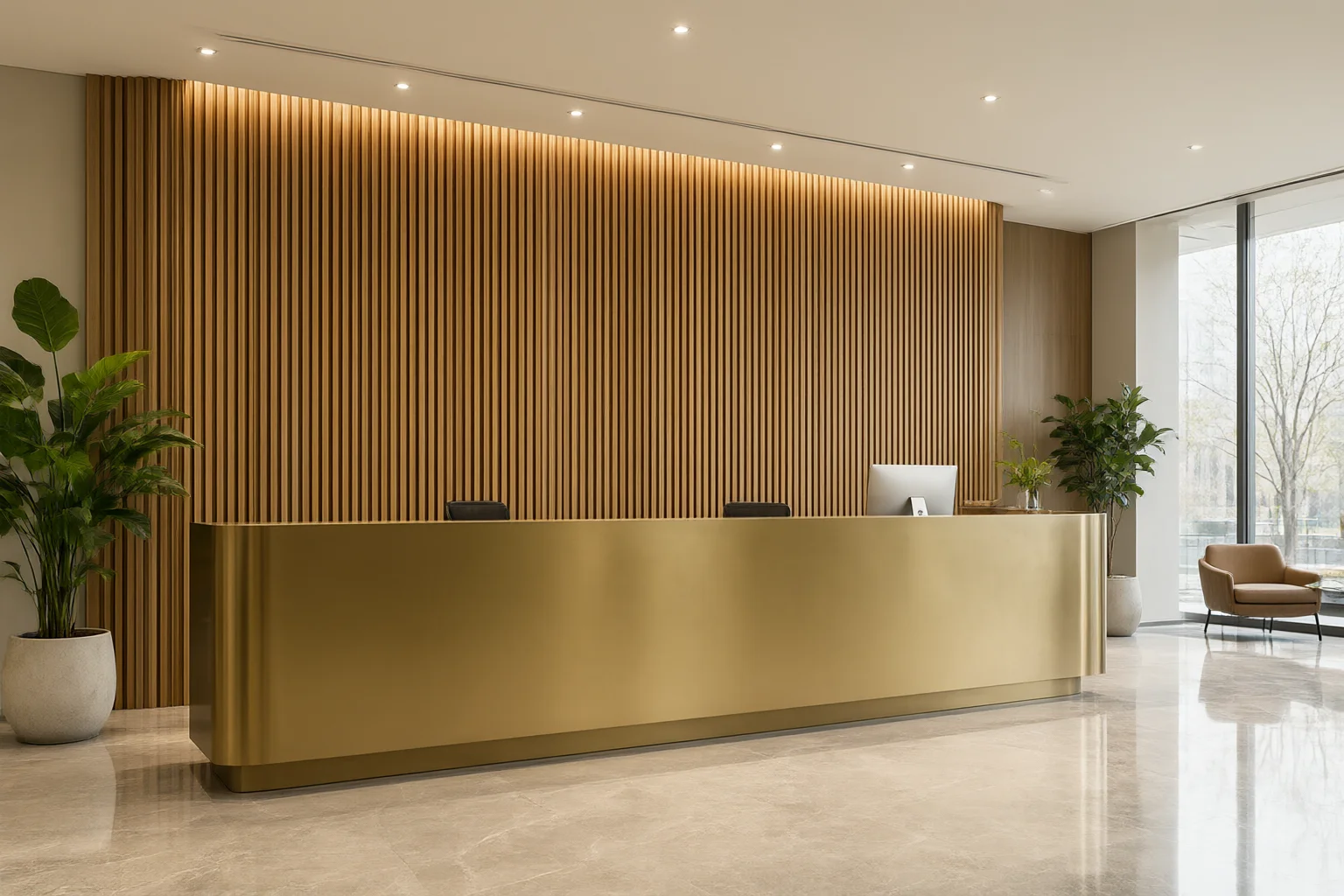 Commercial interior design office reception with a fluted timber feature wall, brass counter, porcelain floor and planted corners
