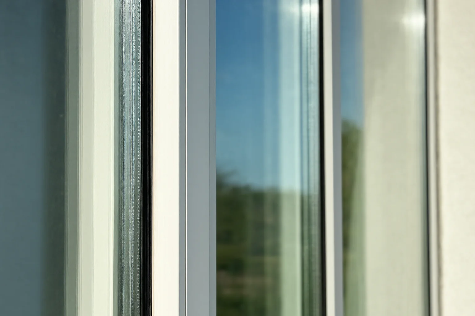 Close-up of a double-glazed low-E window with a slim aluminium frame catching bright daylight