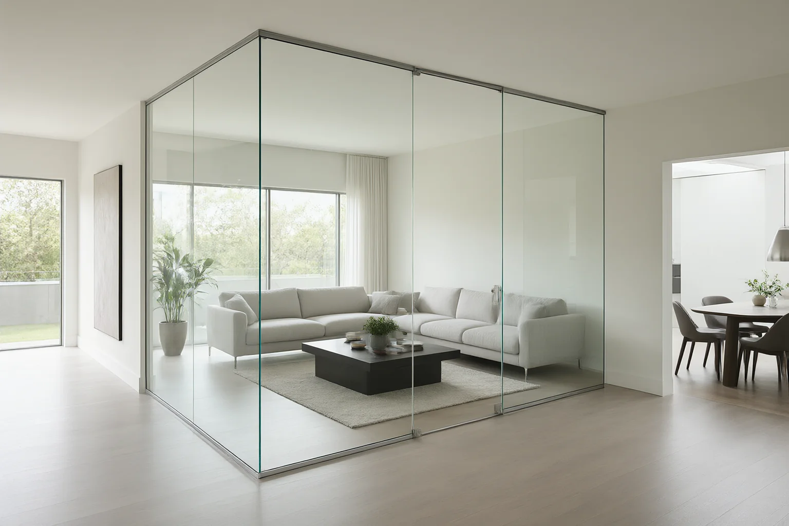 Frameless glass partition dividing a bright modern open-plan living room